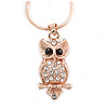 Clear/ Black Crystal Owl Pendant with Snake Type Chain In Rose Gold Tone Metal - 44cm L/ 4cm