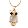 Cute Crystal Owl Pendant with Snake Type Chain In Gold Tone Metal - 44cm L/ 4cm