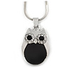 Cute Crystal Owl Pendant with Snake Type Chain In Silver Tone Metal - 42cm L/ 4cm