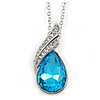 Sky Blue/ Clear Crystal Teardrop Pendant with Silver Tone Chain - 40cm L/ 6cm Ext