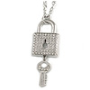 Statement Crystal Lock and Key Pendant with Chunky Long Chain In Silver Tone - 68cm Long