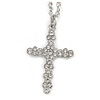 Medium Crystal Cross Pendant with Chunky Long Chain In Silver Tone - 70cm L