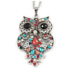 Multicoloured Beaded Owl Pendant with Long Chain In Silver Tone - 70cm L/ 5cm Ext