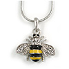 Cute Small Clear Crystal, Yellow/ Black Enamel Bee Pendant with Silver Tone Snake Chain - 40cm L/ 4cm Ext