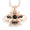 Cute Clear Crystal, White/ Black Enamel Bee Pendant with Rose Gold Tone Snake Chain - 40cm L/ 6cm Ext