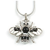 Cute Clear Crystal, Black/ White Enamel Bee Pendant with Rhodium Plated Snake Chain - 40cm L/ 6cm Ext
