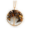 'Tree Of Life' Open Round Pendant Tiger Eye Semiprecious Stones with Gold Tone Chain - 44cm