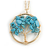 'Tree Of Life' Open Round Pendant Turquoise Semiprecious Stones with Gold Tone Chain - 44cm