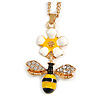 Cute Crystal Enamel Flower and Bee Pendant with Gold Tone Chain - 44cm Long