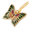 Small Butterfly Pendant with Gold Tone Chain in Green/ Orange/ Red Enamel - 44cm L/ 5cm Ext