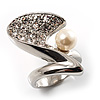 Crystal Curve Faux Pearl Rhodium Plated Ring