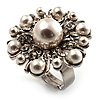 Delicate Imitation Pearl Crystal Floral Ring (Silver Tone)
