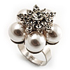 Snow White Faux Pearl Diamante Flower Ring (Silver Tone)