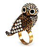 Stunning Vintage Simulated Pearl & Crystal Owl Ring (Antique Gold Tone)