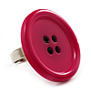Deep Pink Plastic 'Button' Ring (Silver Tone Metal) - Adjustable