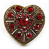 Large Antique Gold Red Crystal Heart Ring - Size 8/9 (Adjustable)