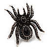 Oversized Jet Black Crystal Spider Stretch Cocktail Ring (Silver Tone)