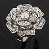Large Layered Diamante 'Daisy' Ring In Rhodium Plating (Adjustable) - 2.5cm Diameter