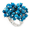 Turquoise Bead Cluster Ring In Rhodium Plated Metal - Adjustable