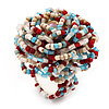 Large Multicoloured Glass Bead Flower Stretch Ring (White, Light Blue & Red)