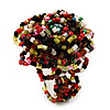 Large Multicoloured Glass Bead Flower Stretch Ring (Olive, Black, Red & White)