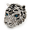 Large Diamante Tiger with Blue Eyes Ring In Rhodium Plating - Adjustable