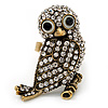 Stunning Vintage Crystal Owl Ring In Antique Gold Tone Metal