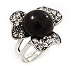 3-Petal Flower Diamante Fancy Ring In Burn Silver Metal