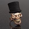 Gold Plated 'Black Hat Skull' Ring - Adjustable (Size 7/8) - 4cm Length