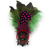 Oversized Green/Magenta/Red Feather 'Indian Skull' Stretch Ring In Silver Plating - Adjustable - 12cm Length