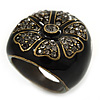 Dark Grey Crystal Floral Black Enamel Shield Ring In Bronze Tone