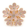 Gold Plated 'Damsel Daisies' Crystal Set Enamelled Stretch Ring (Pastel Pink) -  Adjustable size 7/8