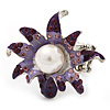 Lavender/ Deep Purple Enamel, Crystal, Simulated Pearl Calla Lily Flex Ring In Rhodium Plating - Size 7/8