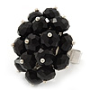 Black Glass Cluster Ring In Silver Plating - Adjustable (Size 8/9)