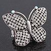 'Flutter-By' Swarovski Encrusted Butterfly Cocktail Stretch Ring - Rhodium Plated (Clear Crystals) - Adjustable size 7/8