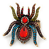 Oversized Multicoloured Crystal Spider Stretch Cocktail Ring In Antique Gold Plating - 6cm Length
