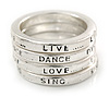 Set of 4 Message 'Live, Dance, Love, Sing' Stack Rings In Silver Tone - Size 7