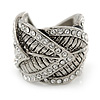 Vintage Inspired Wide Austrian Crystal, Etched Leaf Band Ring In Silver Tone - Size 8
