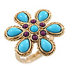 Delicate Purple, Turquoise Coloured Acrylic Bead 'Flower' In Gold Plaiting - 25mm Diameter - Adjustable - Size 7/8