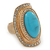 Turquoise Style Resin, Diamante Oval Flex Ring In Brushed Gold Finish - 37mm Across - Size 7/8