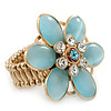 Statement Light Blue Glass Bead, Crystal Flower Flex Ring In Gold Plating - 40mm Across - Size7/8