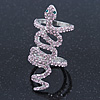 Wide Pink Austrian Crystal 'Coiled Snake' Double Band Ring In Rhodium Plating - 50mm Width - Size 8