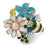 Multicoloured Enamel Flower and Bee Ring In Rhodium Plating