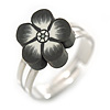 Children's/ Teen's / Kid's Black Fimo Flower Ring In Silver Tone - Adjustable