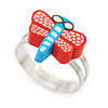 Children's/ Teen's / Kid's Red/ Light Blue Fimo Dragonfly Ring In Silver Tone - Adjustable