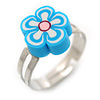 Children's/ Teen's / Kid's Light Blue Fimo Flower Ring In Silver Tone - Adjustable