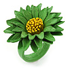 Grass Green/ Yellow Leather Layered Daisy Flower Ring - 40mm D - Adjustable