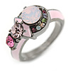 Multicoloured Cluster Crystal with Pink Enamel Ring In Gun Metal Tone