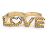 Gold Plated Double Finger Diamante 'Love' Ring - Size 7&8 - 45mm W