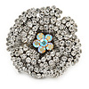 Large Clear, AB Crystal Layered Flower Ring In Silver Tone Metal - 40mm Diameter - 7/8 Size Adjustable